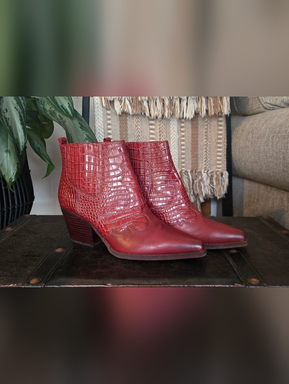Sam Edelman Red Croc Embossed Leather Western Ankle Booties